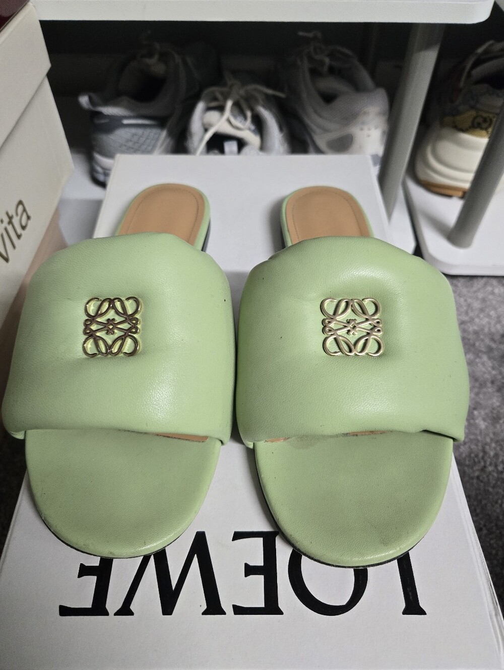 Loewe Mint Green Padded Slide Mules with Gold Anagram